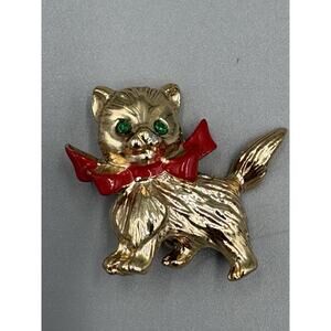 Vintage Cat Jewelry Brooch Gold Colored W/ Rhinestone Green Eyes Red Bow